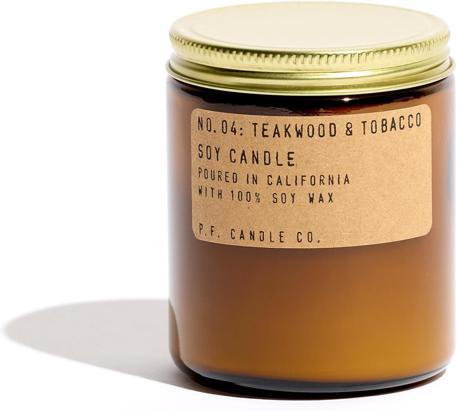 P.F. Candle Co. Teakwood & Tobacco soy candle in amber jar
