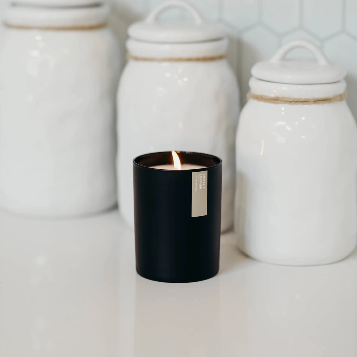 Smoke + Leather Matte Black Tumbler Soy Candle